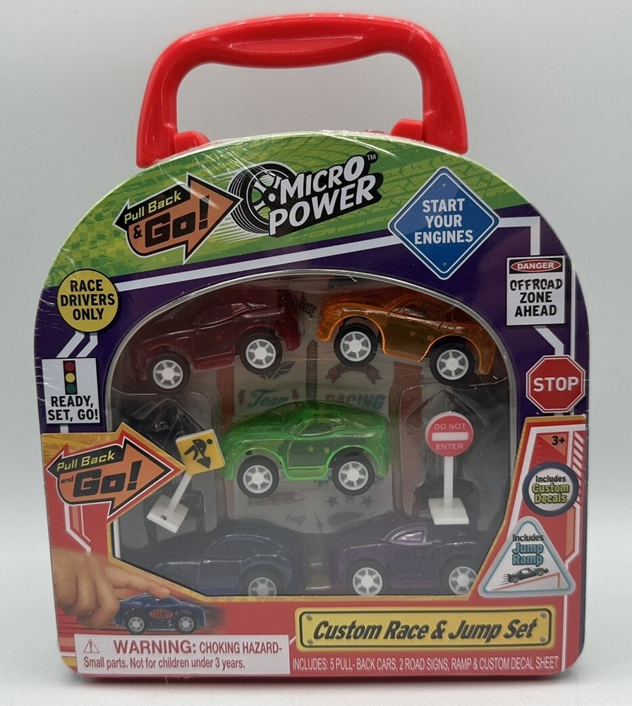 New Micro Power Custom Race And Jump Set In Tin Carry Case 5 Cars 2 Road Signs
