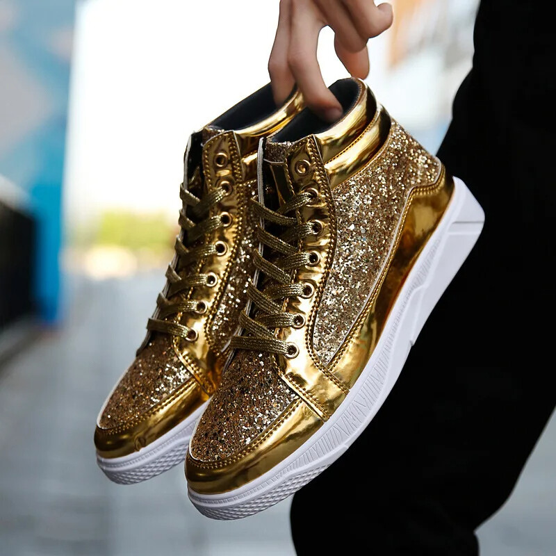 Fashion Men High Top Sneakers Ankle Boots Gold Silver Black