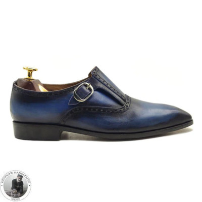 Herrenschuhe handgefertigt blau Leder schwarz Leder Mönch Riemen ganz geschnitten elegant formell