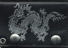 Genuine Leather Dragon Tri-Fold Black Men's Wallet With Snap on Metal Chain