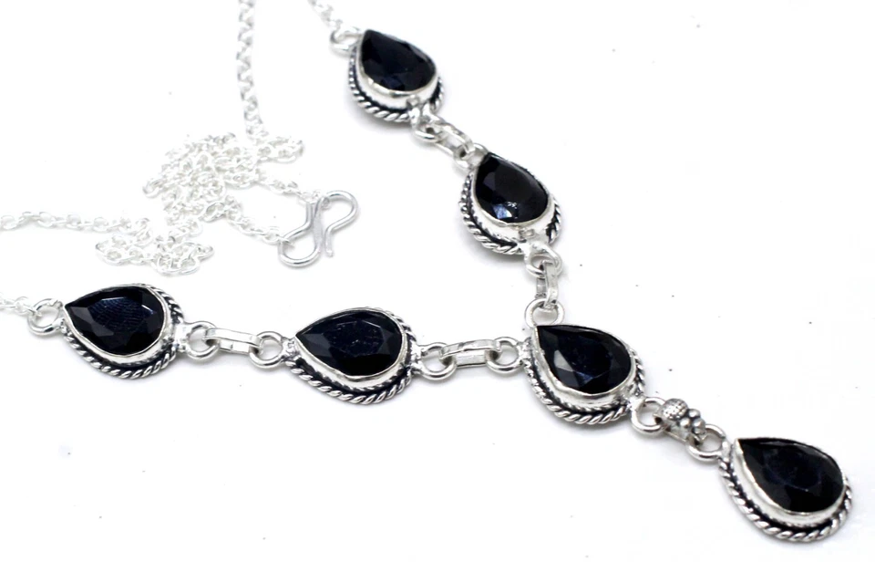 Collar de joyería de plata de ley 925 con piedras preciosas de espinela negra tamaño-17-18" Foto 2 de 4