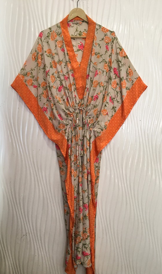 Satin Kaftan Off-White Loose fit Silk Maxi Dress Resort Wear Night Gown MFN1079 thumbnail 5