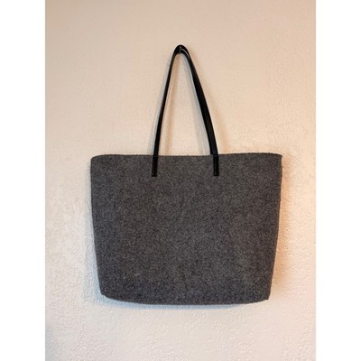 Zara Gray Felt Tote Bag Large Minimalist Shopper Black Strap Snap Closure