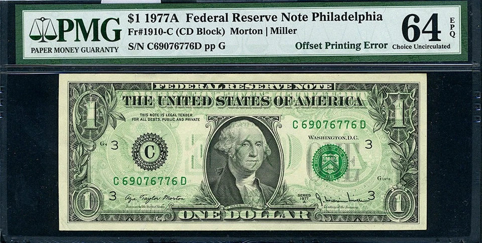 FR. 1910 C $1 1977-A Federal Reserve ERROR 100% Offset Printing PMG CH CU64 EPQ - Image 2 of 3