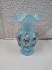 Fenton Blue Overlay Beaded Melon Floral Hand Painted Vase Signed T Mendanhall