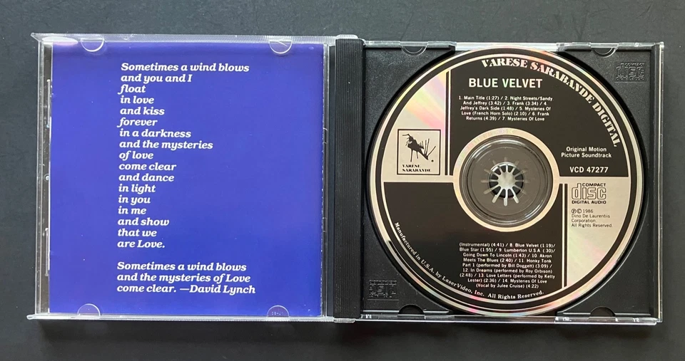 BLUE VELVET Soundtrack CD (Verese Sarabande 1986) David Lynch Angelo Badalamenti - Image 3 of 4