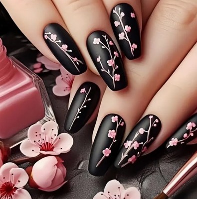 Medium 24 Pc Black & Pink Cherry Blossom Nail Tips Boxed Glue & Tabs Nails