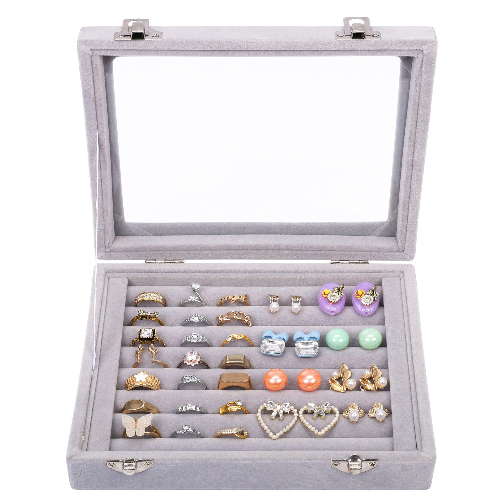 Органайзер для ювелирных изделий Ring Aufbewahrung Schmuckkasten Grau Samt Box mit Glas Deckel 3390₽