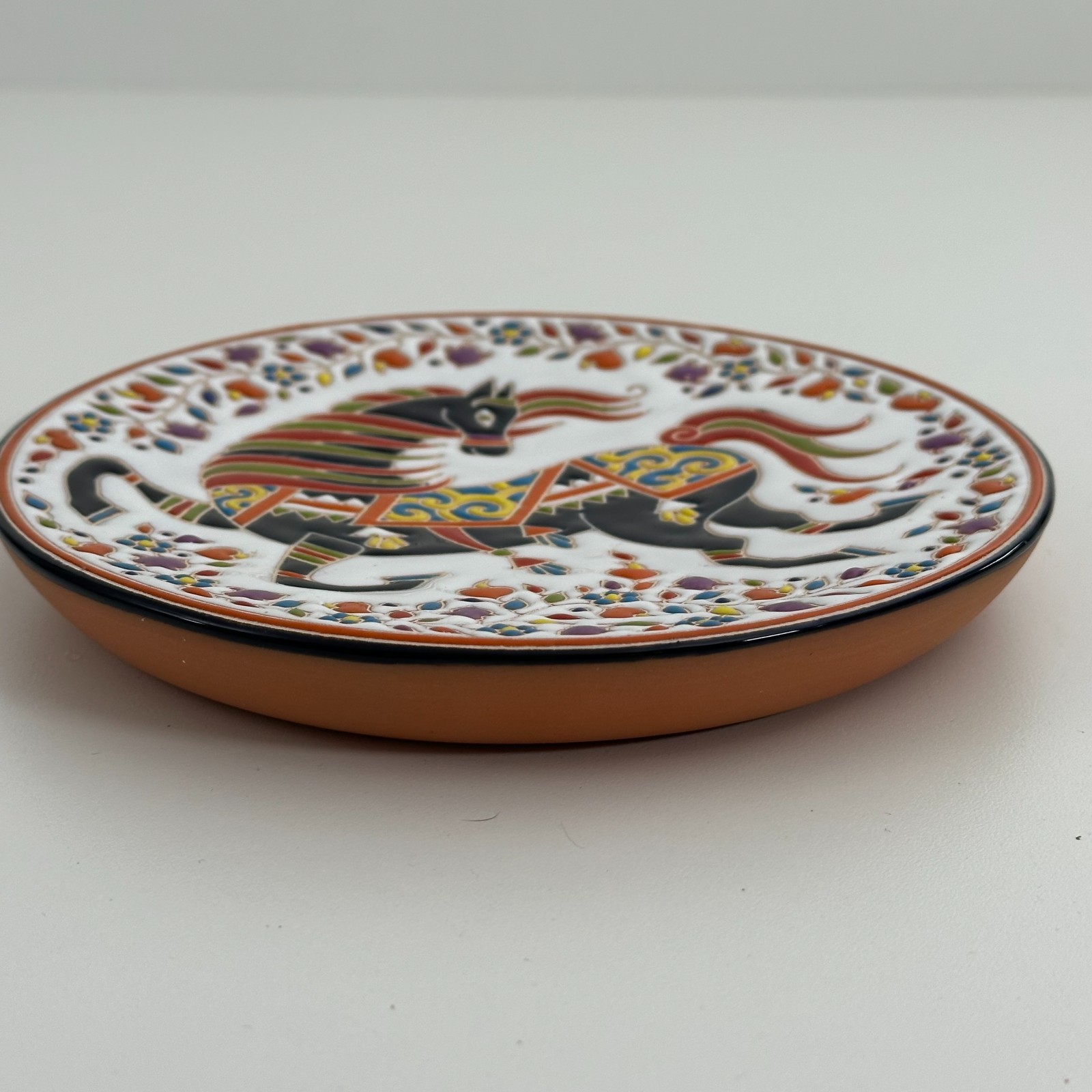 Cyrillic Folk Art Horse Plate - Heavy Enameling - Signed