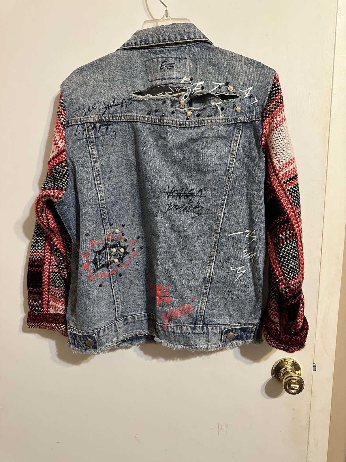 Scripted Distressed Denim Jacket Size M - image 9