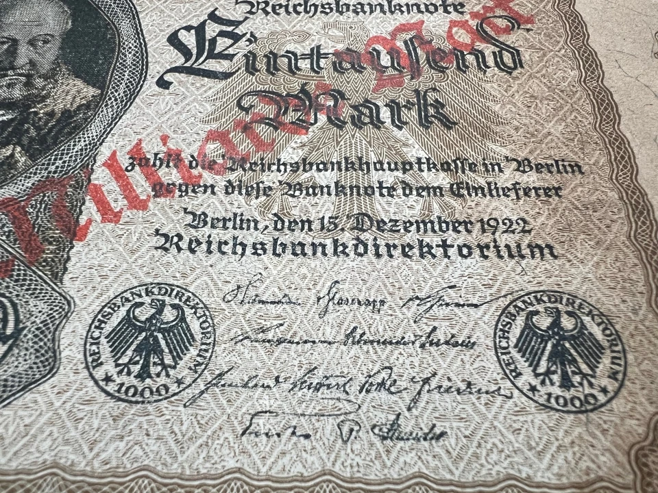 Billete alemán de 1.000 millones de marcos de 1922 Primera Guerra Mundial inflación militar fascista Hitler nazi Foto 4 de 4