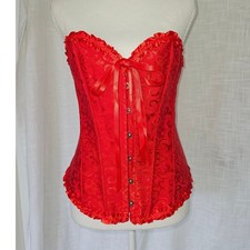 Corset Top Women L Red Damask Jacquard Steampunk Victorian Ruffle Bustier
