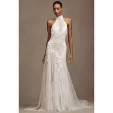 Vintage Halter Wedding Dress Tulle Mermaid Applique Open Back Boho Brides Gown