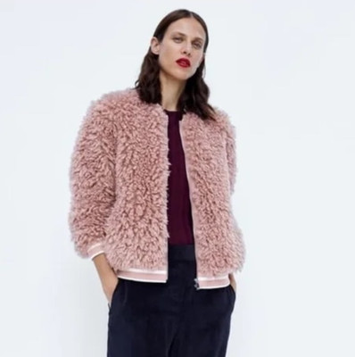Zara Basic Women's L Pink Faux Fur Soft Fluffy Sherpa Bomber Zip Up Jacket