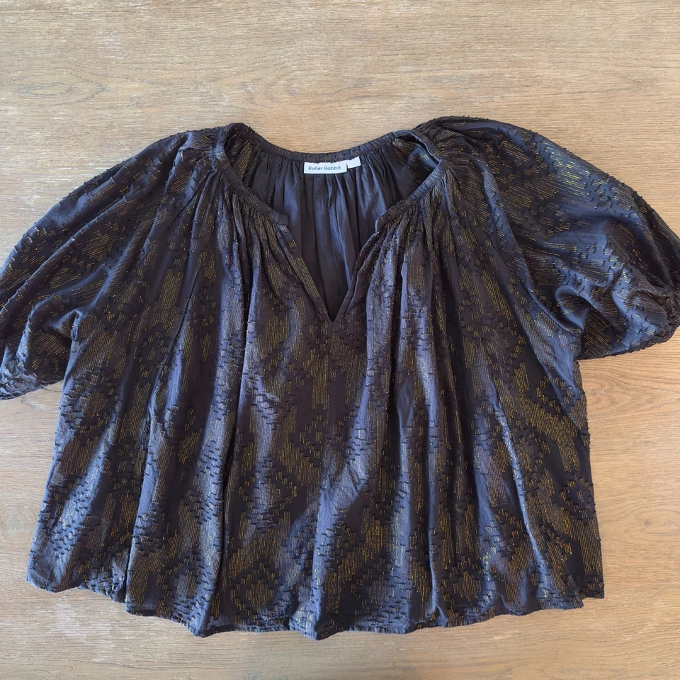 ROBERTA ROLLER RABBIT Metallic Gold/Black V-Neck Peasant Blouse-Size L-RRP $158 - Image 4 of 4