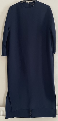 COS 8 Kleid schlicht Etuikleid Midi 3/4 Arm Taschen High-Low Saum Rundhals marine