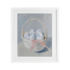 Blue Floral Egg Basket White Framed Print Under Glass, design by Arlington Pr...