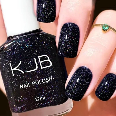 NLFOX Glitter Black Nail Polish - 12ml Glossy Black Nail Varnish Quick Dry - Spa