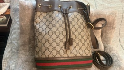 Gucci GG Monogram Bucket Bag Drawstring Web Stripe Tassel Adj Shoulder Strap