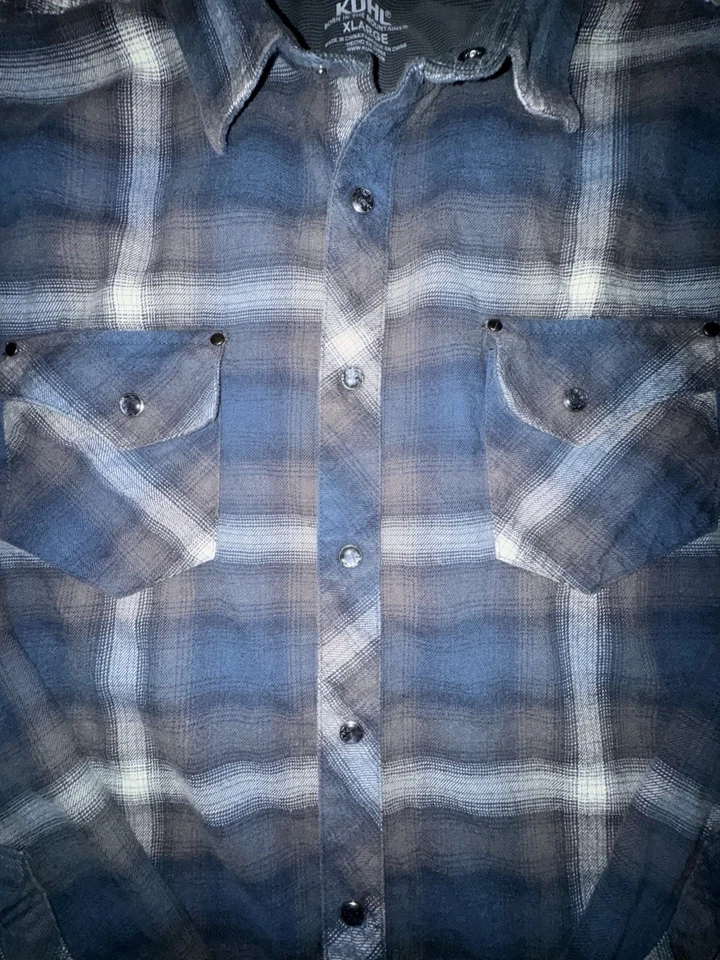 Kuhl Flannel Shirt Mens XL Pearl Snap Lowdown Plaid Blue Gray Pockets Outdoors - Image 3 of 4