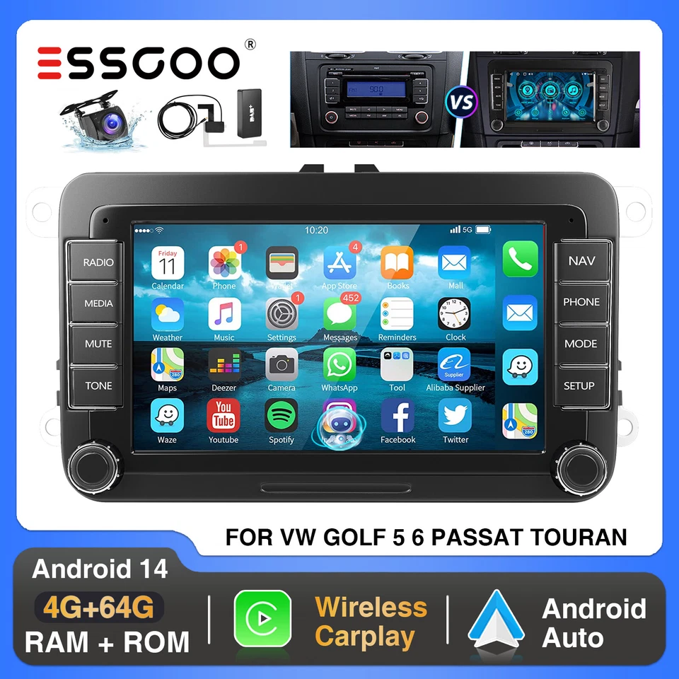 7" Android 14 DAB+ Apple CarPlay Autoradio 4+64G GPS Für VW GOLF 5 6 Touran EOS