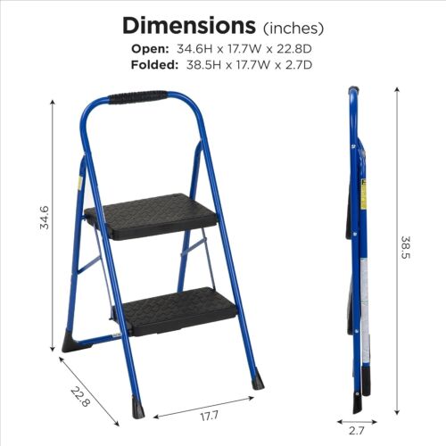 2-Step Steel Step Stool with Rubber Grip - Lightweight & Foldable Blue Design - Picture 10 of 10