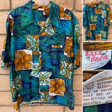Vtg  Barefoot In Paradise Hawaii Hawaiian Shirt Loop Collar Tiki Aloha Size XL