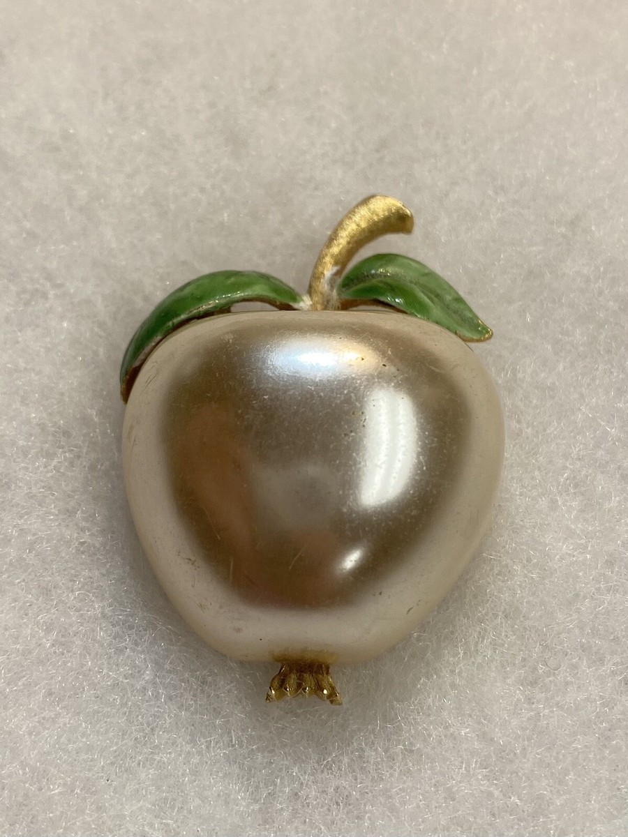 アクセサリー Apples Signed JJ Off White Faux Pearl Gold Tone Metal Apple Brooch