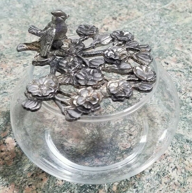 Metzke Glass Potpourri Trinket Bowl w Pewter Bird on Flowers Lid 1987