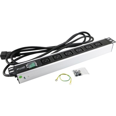 Excel 19 Zoll 6-fach horizontal PDU 6 x 16A C19 Kaltgerätesteckdosen C20 Stecker geschaltet 2m