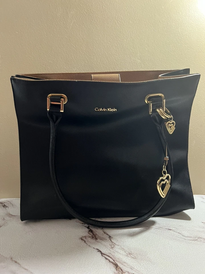 Calvin Klein Handbag Leather Satchel, Black/Gold Heart Charm - Image 2 of 4