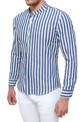 Mens Linen Shirt Sartorial White Slim Fit Blue With Mandarin Collar Ebay