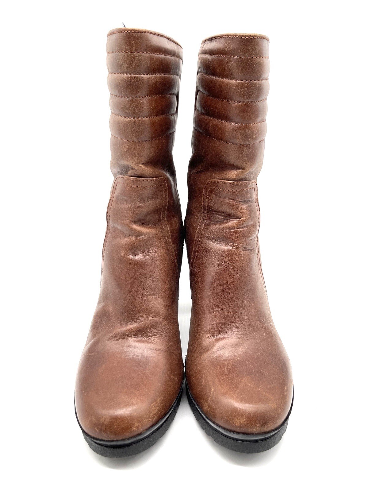 SAOLA Stivali Aquatalia Cognac in pelle marrone taglia 7 trapuntati metà polpaccio tacco alto blocco suola a strappo