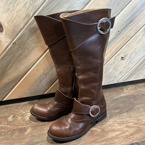 JOHN FLUEVOG ADRIANNA BROWN LEATHER DOUBLE BUCKLE ZIPPER EQUESTRIAN RIDING BOOTS - Picture 4 of 9