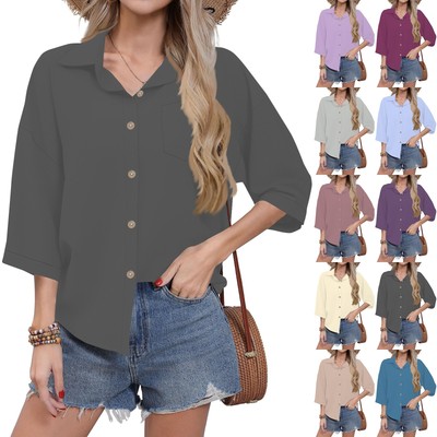Women's Casual Solid Color Button-down Shirt Three-quarter Sleeve Dress Shirt