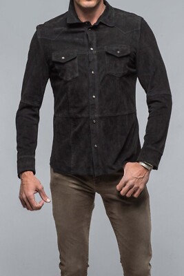 Mens Black Suede Shirt Leather Trucker Jacket Custom Made Size S M L XL 2XL 3XL