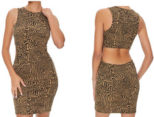 Forever 21 Bodycon Dress sz S Women Geometric Stretch Knit Brown Retro Open Back