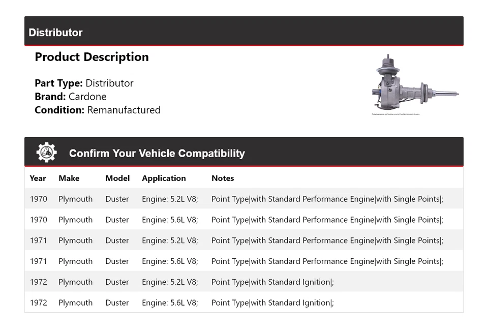 For 1970-1972 Plymouth Duster Distributor Cardone 1971 - Image 2 of 4