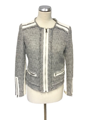 REBECCA TAYLOR GRAU GEWEBT & WEISS LEDER REISSVERSCHLUSS KRAGENLOSE JACKE GRÖSSE 4 UK 8
