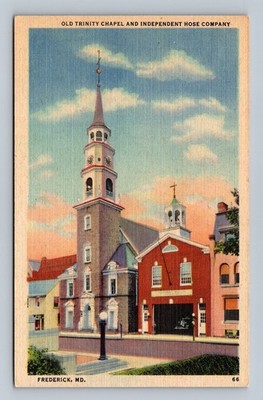 Vintage Linen Postcard Old Trinity Chapel & Independent Hose Co Frederick