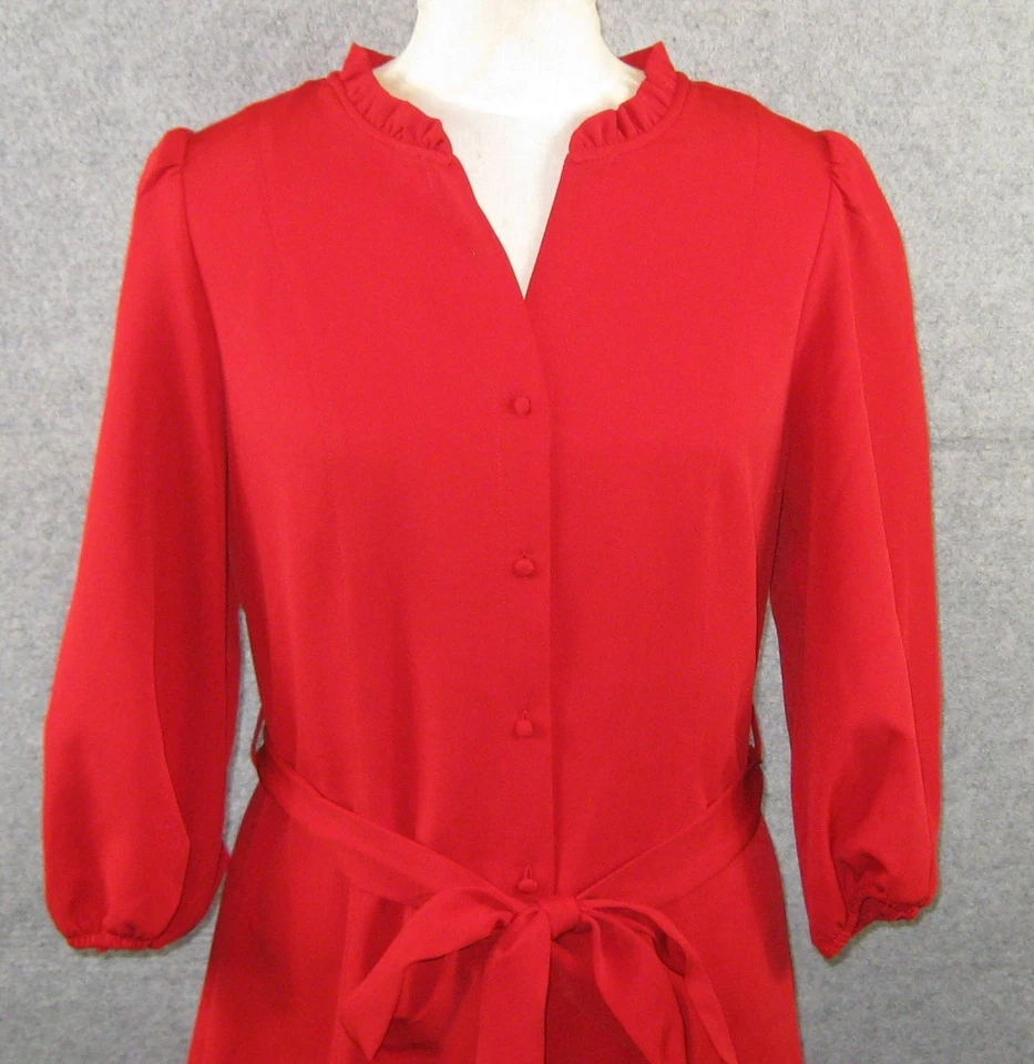 Nanette Lepore Red 3/4 Sleeve Button Front Stretch Belted Dress Size 10 - Image 2 of 4