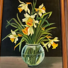 40s Vintage original PAINTING signed MK floral flowers daffodils