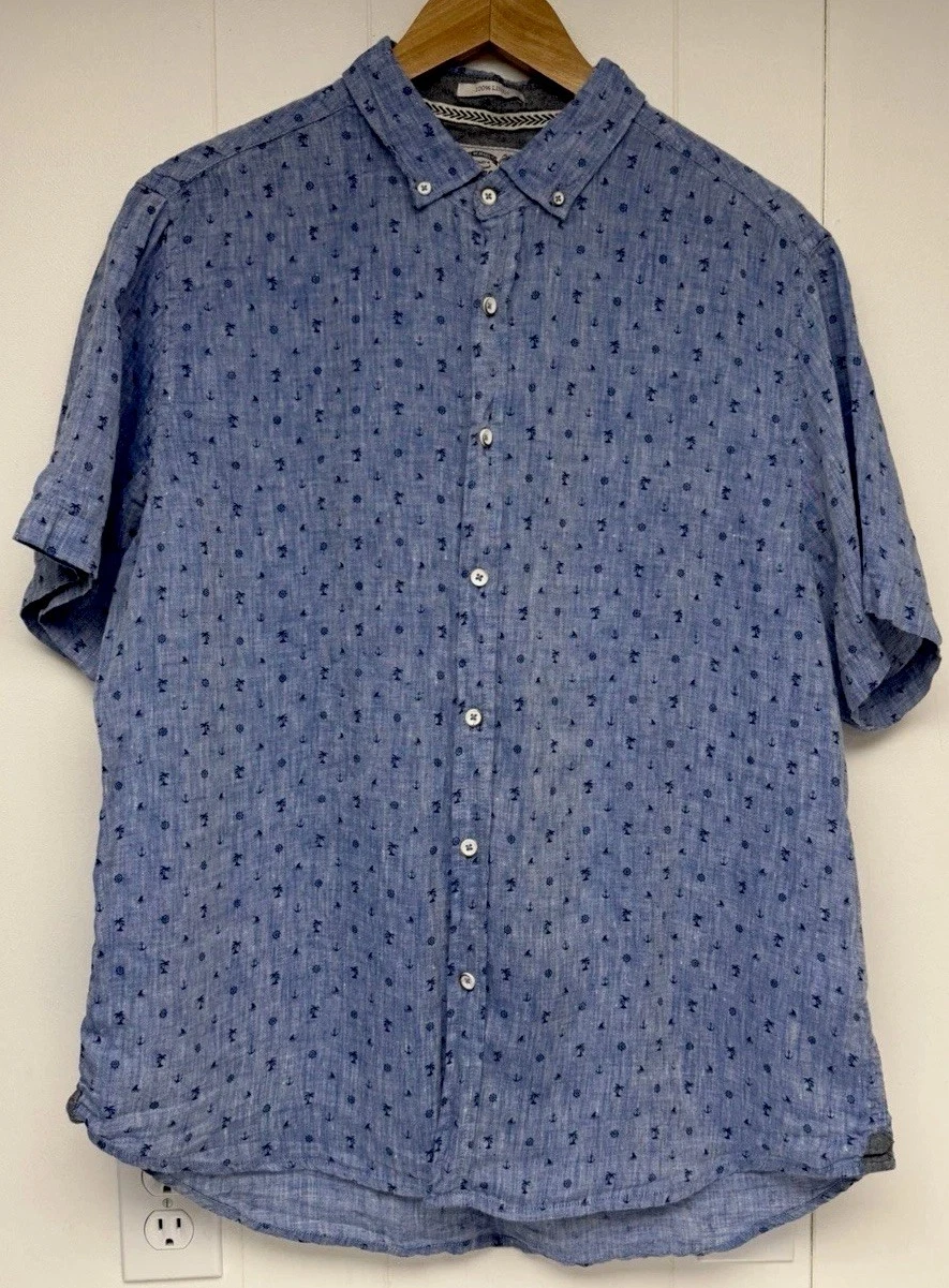 Heritage Report Mens XL Linen Shirt Short Sleeve Blue Beach Lightweight Casual