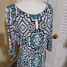Liz Claiborne Large 5/8th-Sleeve Aqua/Black/White Geometric design Shift Dress