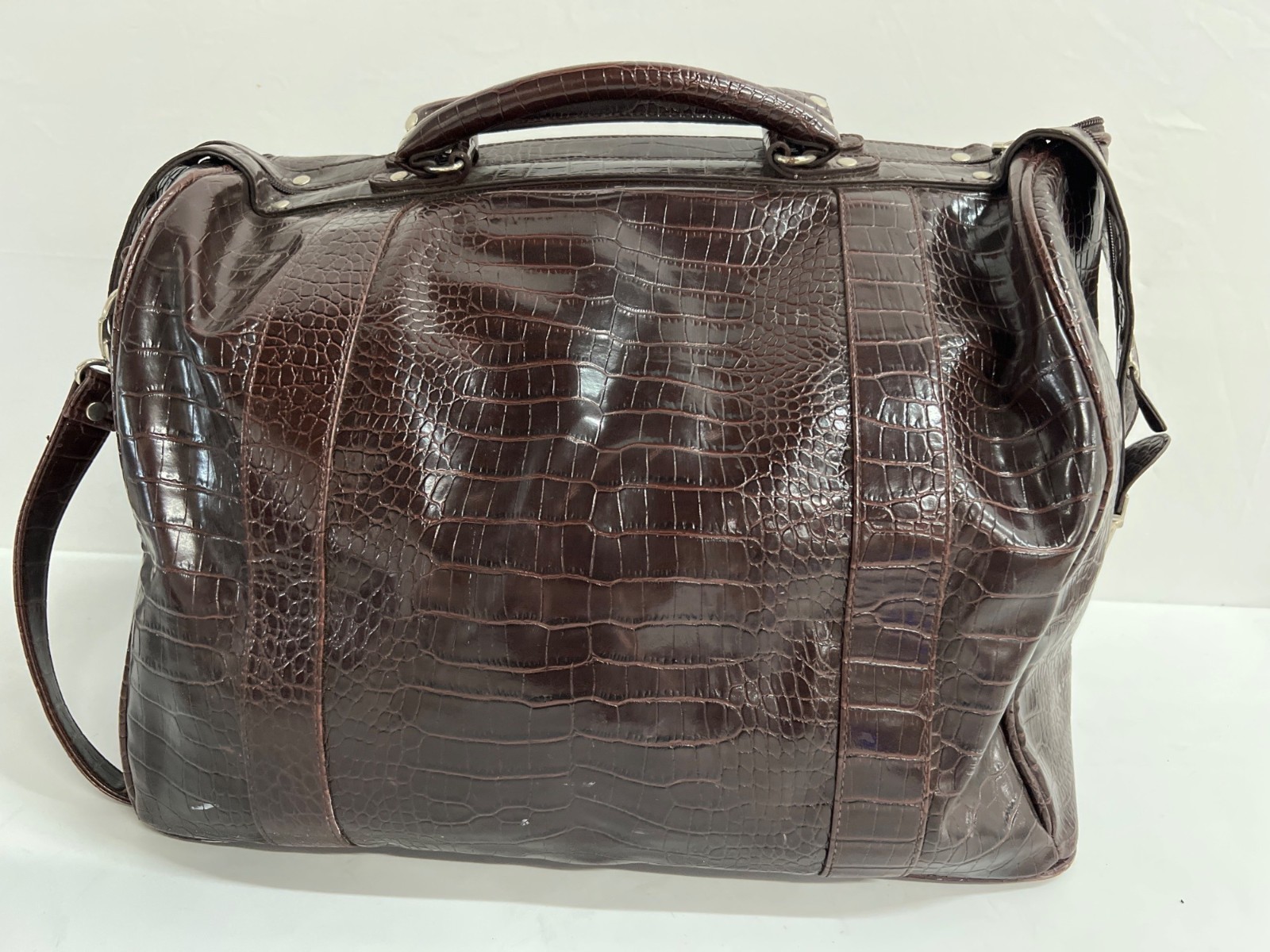 BATH & BODY WORKS Patent Brown Simulated Croc Embossed Leather Duffle Bag