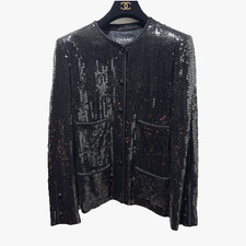 CHANEL Boutique Black Sequin Jacket_Silk Lined_Evening_France_Tag Removed_Sz 42