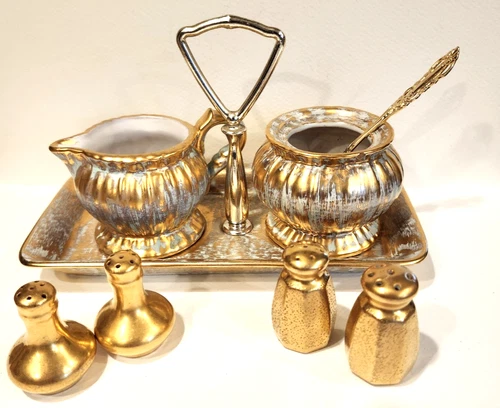 Vtg. STANGL Pottery Antique Gold Creamer & Sugar on Tray w. 2 mini S&P
