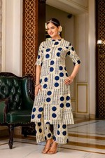 Women's Cotton Printed Kurta Pant Set Indian Ethnic Co-Ord Set Blue Beige