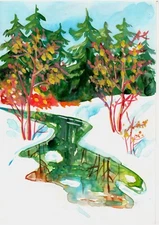 Original Watercolor Painting Winter River Spring Landscape Art