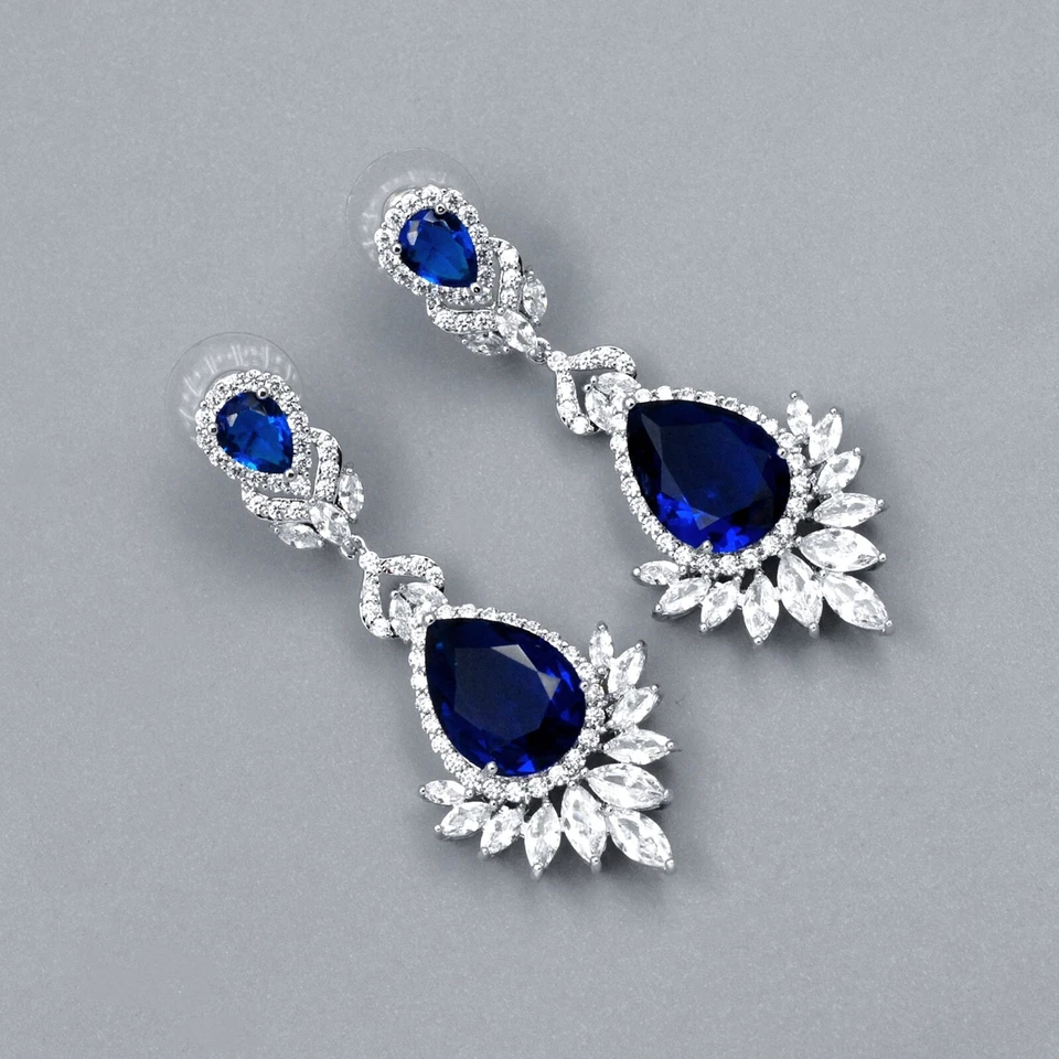 Conjunto de joyas para mujer collar de circonitas cúbicas azules pendientes colgantes boda graduación 252 Foto 4 de 4